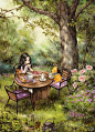 自制的糕点，清香的奶茶，森林的味道…一个甜蜜的下午 ~ 来自韩国插画家Aeppol 的「森林女孩日记」系列插画。