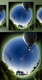 [模库]草地绿植 热气球 城堡别墅 极坐标设计PSD_平面素材_海报
