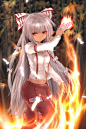 #东方project#
#藤原妹红#
1girl arm_belt bamboo bamboo_forest blurry bow burning depth_of_field dress_shirt embers fire flame forest fujiwara_no_mokou hair_bow hair_ribbon hf5505 highres long_hair long_sleeves looking_at_viewer midriff nature navel ofuda pants r