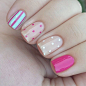 Polka dots and strips nail art. #美甲#