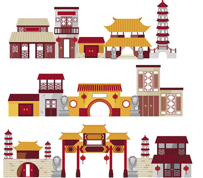 扁平化中国古典建筑插画矢量素材