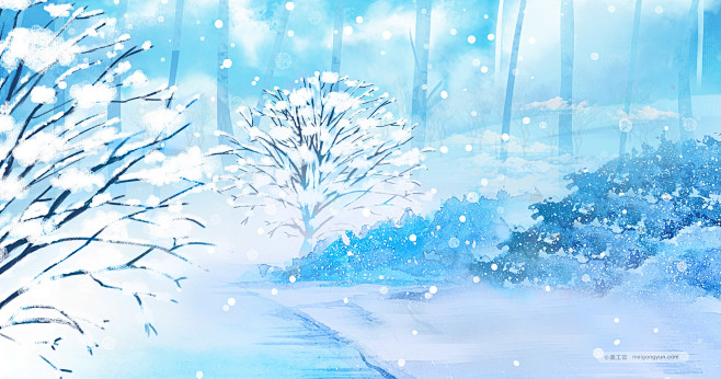 雪景雪天下雪冬天室外场景手绘高清图
