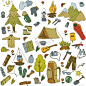 草图,符号,动物手,手电筒,野餐,斧,设备用品,营火,绘制,露营