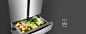 냉장고 중칸의 메탈쿨링 서랍이 열려있고 안에 다양한 채소와 과일이 놓여있는 모습입니다. 우측 하단에는 메탈쿨링서랍의 위치를 나타낸 아이콘이 있습니다.
