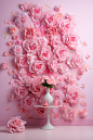 pink roses on pink wallpaper, in the style of soft-focused realism, mike campau, soft, romantic scenes, romantic emotion, colorful arrangements, light and airy, nelleke pieters