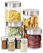 Oggi Canisters & Spice Jars, Glass 8 Piece Set: canisters 4"/6"/7.5"/9"H jars (4) 1.75x3.9H glass/SS 29.99* 10%off: