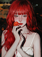 General 3000x4000 digital art artwork illustration women redhead long hair portrait flowers red lipstick Asian pale looking at viewer portrait display painting watermarked TEAMO（artist）