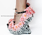 NEW- Floral Rhinestone Studded Spike Open Toe Moon Wedge Heel Shoes #手工# #服饰# #创意# #设计# 