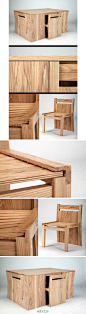 可以“隐藏椅子”的餐桌，四张椅子利用与桌子相似的背面，藏在了桌子下，外观上强调了整体，但却用多了不少木材...By Brian Lee