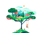 Tree boy village shape swing childhood child character color illustration