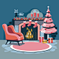 圣诞节与圣诞树壁炉礼物室内场景插画矢量图素材