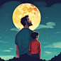 illustration of a Son on his father shoulders, father and son duo staring night sky. Happy Father's Day concept.