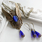 WINGS OF FAITH romantic Victorian fantasy necklace in aged brass and cobalt blue, matching earrings included, gift boxed@北坤人素材