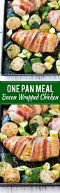 This recipe for bacon wrapped stuffed chicken breast with roasted potatoes and zucchini is a quick and easy one pan meal that's sure to please any crowd! The chicken is stuffed with a an incredible combination of three cheeses, garlic and herbs.: 