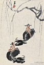 【 李可染 《柳塘渡牛图》 】镜心，纸本设色，71×49cm。 此图写水牛凫水渡河，两牧童骑于牛背上聊天。画家采用S型构图，对牛的人性化表现手法，令牧童与牛浑为一体。