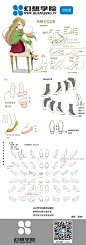 【早间分享】几款日常鞋子的画法：平底便鞋、运动鞋、高跟皮鞋、靴子以及木屐，最后附上一张参考图。前五张均由幻想学院汉化组辛苦汉化，知道作者的小伙伴告诉我们哟~大图戳这里：http://t.cn/RhtJ4sP