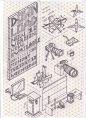 Chaos Sketch : Sketches on a isometric reticle paper! Dont like the lines when im drawin, but in this case the paper helped too much, without the lines would be impossible. I was 2 months just thinking about things you can find in a city, and trying to dr