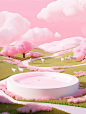 田野里有一个云和草的粉红色广场，具有逼真的效果图、田园场景、生动的画面、8k 3d、乡村中国、生动的插图、充满活力的舞台背景的风格 (1)