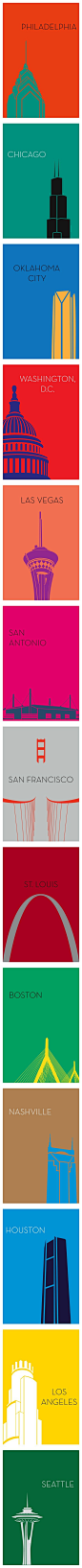 【城市极简明信片设计】达拉斯平面设计师Ryan M. Russell设计了一套色彩明亮的极简城市明信片系列。如你所见，纽约的帝国大厦，旧金山的金门大桥，每座标志性建筑物代表一个城市。（转）