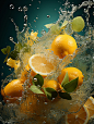 创意水花飞溅果汁饮料柠檬橙子橘子广告摄影海报Midjourney关键词咒语 - Ai宇宙吧- : Prompt咒语：