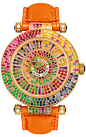 Franck Mueller Geneve ~ Colour stones: Rubies, emerald, bleu sapphire, yellow sapphire, orange sapphire, Pink sapphire, violet sapphire, garnet tsavorite, garnet pyrope, garnet spessartite and amethyst ~ Dial: Set with 218 round diamonds (1.89 cts) and 14