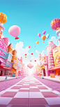 an illustration of the city has cute decorations like balloons, buildings, and balloons, in the style of 8k 3d, Candy color, Pastel colors in Rococo style, light cyan and pink, futuristic glamour, cyclorama, candycore, low-angle shots, expansive landscape