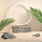 Stone platform for show product with palm leaf on the beach. 3d render Premium Photo
