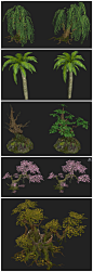 游戏美术素材 柳树 松树 枫树 竹子 椰树 雪松 老树 藤蔓 植物3D模型 3dmax源文件 3D原画场景设定参考