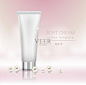 Vector realistic cosmetic cream tube mock-up with pink soft background and shiny pearls