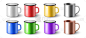 Enamel 3d realistic metal cups set. Colorful metal
