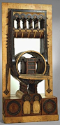 Secretary, Carlo Bugatti, Italian, c. 1895, walnut, tin, copper, vellum, and mirror, 88 H, 39-1/2 W, 12-1/4 D inches