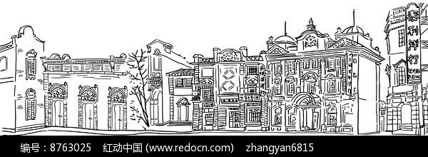 石库门上海老建筑矢量线稿图片