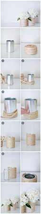 【废物利用小花瓶】一个废旧玻璃罐，一捆绳子，绕一绕粘一粘，就是这么简单！
