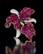 A ruby and diamond brooch designed as an orchid, set with calibré-cut rubies and pavé-set diamonds; estimated total diamond weight: 2.50 carats; mounted in eighteen karat gold and platinum; length: 2 1/2in.: 