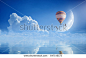 Idyllic heavenly picture - colorful hot air balloon, two seagulls flying in blue sky with white clouds and crescent above serene sea. Dream come true concept.Elements of this image furnished by NASA