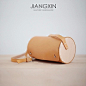JIANGXIN 手工实木植鞣革皮包 原创圆桶包 女士创意真皮木头包包-淘宝网