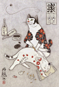 老猫不发威，你当我是hello kitty | 日本艺术家 Kazuaki Horitomo 超现实主义的水墨画。（monmoncats.myshopify.com）