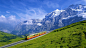 mountains landscapes nature snow grass trains vehicles railroads blue skies railways Wallbase.cc