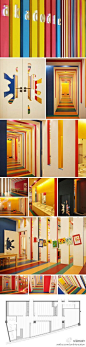 在场建筑设计的位于大型商场顶层的艾涂图儿童美术中心，面积约为206平方米，由四间画室、接待区、休息区、内廊以及管理辅助房间组成。面向外廊的竖墙分别刷上洋红、黄、蓝三种颜色，颜色沿着竖墙和天花凹槽的侧边向室内延伸，在纵墙上扩展为从地面到天花的色面