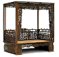 Chinese carved hardwood opium bed  19th century  With an endless knot lattice work design which incorporates various other auspicious symbols, woven rattan platform, hollow feet span the width and enclose drawers at one side.  H: 99, W: 88, D: 60 in