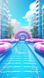 a blue pool running near a large blue building, in the style of kawaii pop art, rollerwave, daz3d, outrun, soft and rounded forms, slide film, enigmatic tropics,UHD