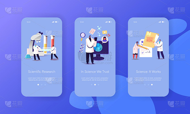 科研手机应用页面板载屏幕模板。微小科学家...