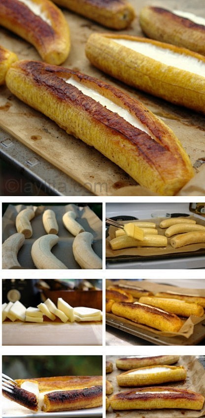 奶酪烤香蕉：香蕉去皮，刷上黄油后放在烤盘...