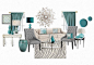 A modern mix of teal, grey and white living room with mirrored furniture. My home is not unlike this design. I have a similar chair, only in the light zebra pattern.