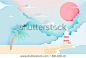 Lighthouse on the beach with ocean background paper art style vector illustration