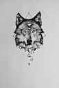 Geometric Wolf : Illustration drawn in black pigment liners on watercolor paper. 