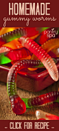 Awesome recipe (with only 2 ingredients) for how to make your own gummy worms at home! Great DIY project to do with the kids for Halloween!: 