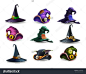 Set of colorful halloween hat and witch cap icons. Vector illustration.