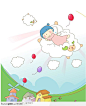 可爱女童插画-在酷似绵羊的云朵上睡觉的女孩