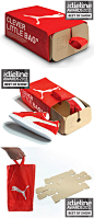 彪马Clever Little Bag鞋盒包装获得Dieline包装设计大赛全场大奖。一块纸板和一个布袋取代了传统鞋盒，模切纸板制作简单，比传统鞋盒节省65%的材料，也利于回收。包装本身就是袋子，避免在盒外再套塑料袋。鞋盒的基本形态被保留，保护鞋子也便于堆放和运输。